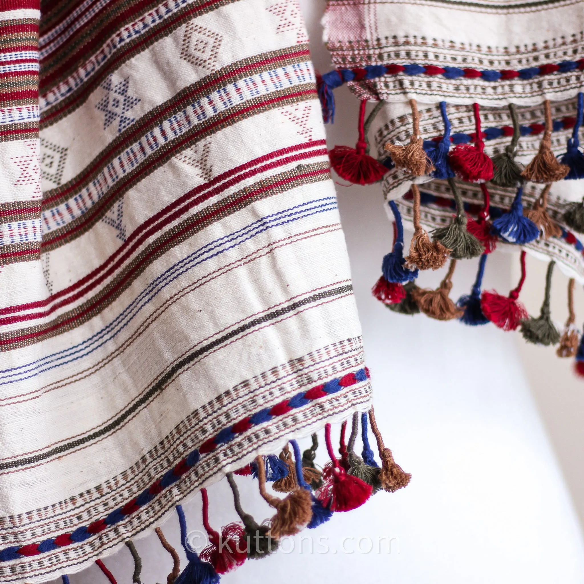 Organic Kala Cotton Stole with Tassels - Handspun & Handwoven Wrap | Cream-Red, 23x72"