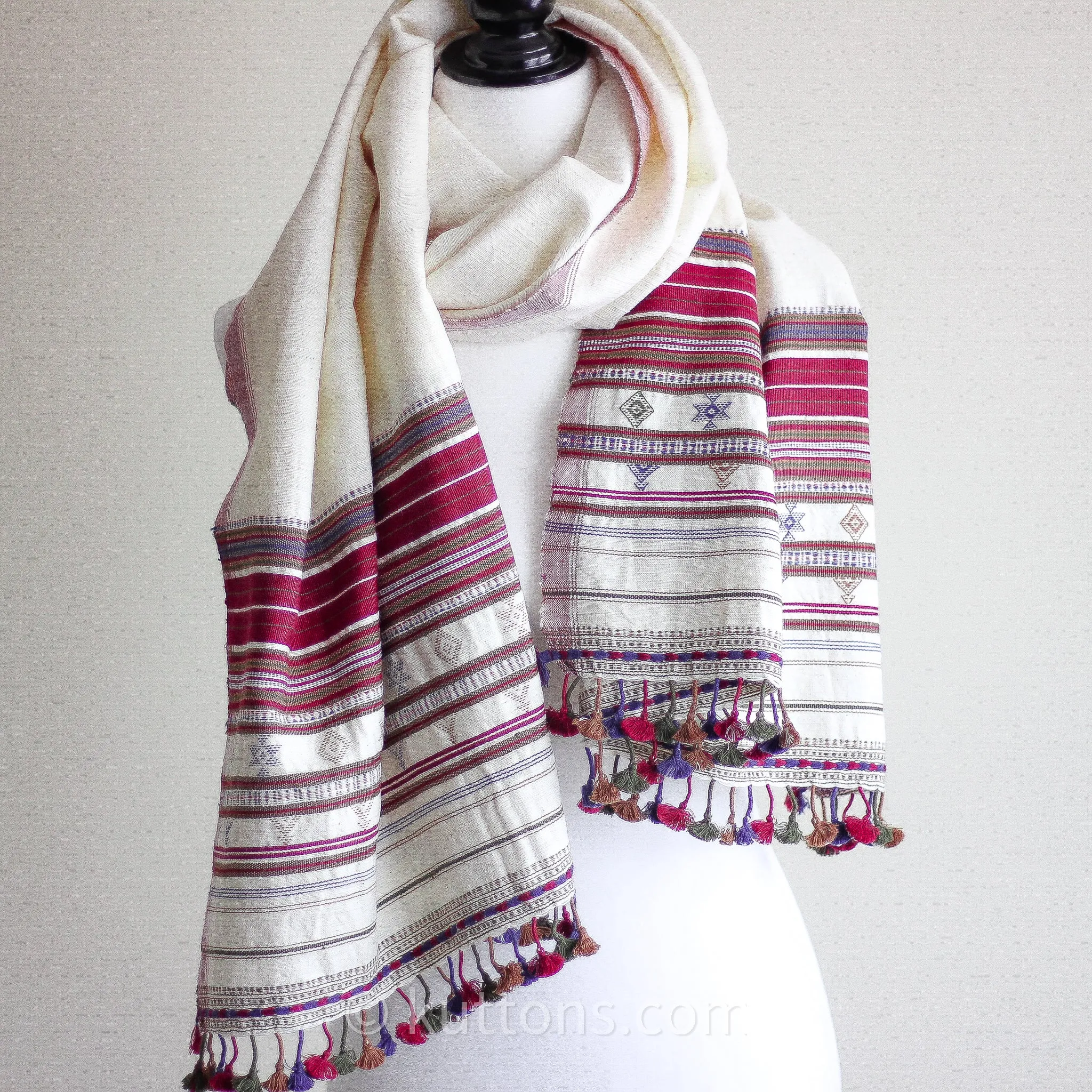 Organic Kala Cotton Stole with Tassels - Handspun & Handwoven Wrap | Cream-Red, 23x72"