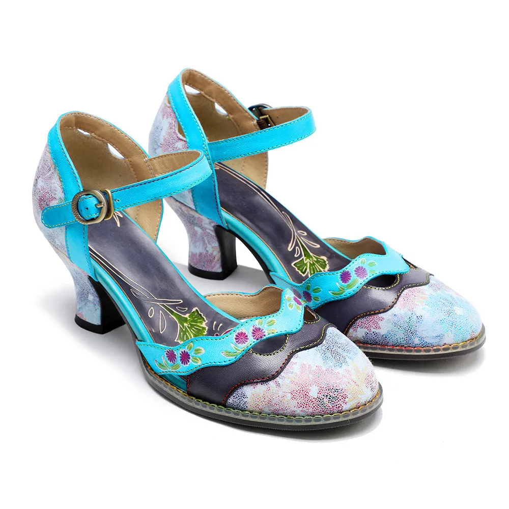 Retro Embossed Floral Leather Pumps