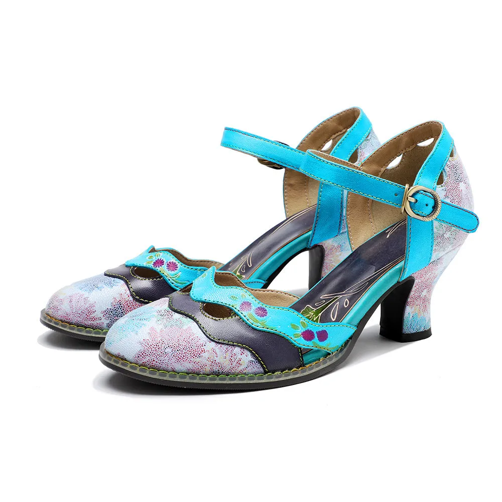 Retro Embossed Floral Leather Pumps