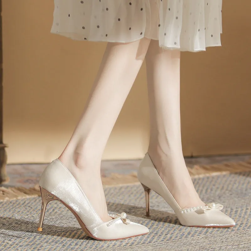 Ribbon High Heels with Pearls Bridesmaid Shoes