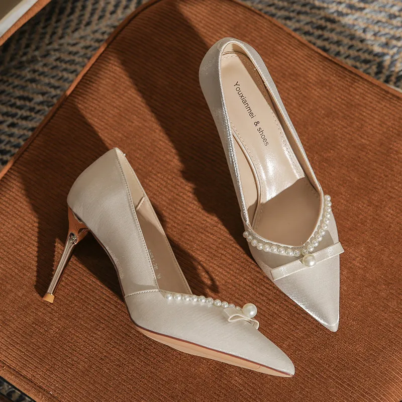 Ribbon High Heels with Pearls Bridesmaid Shoes