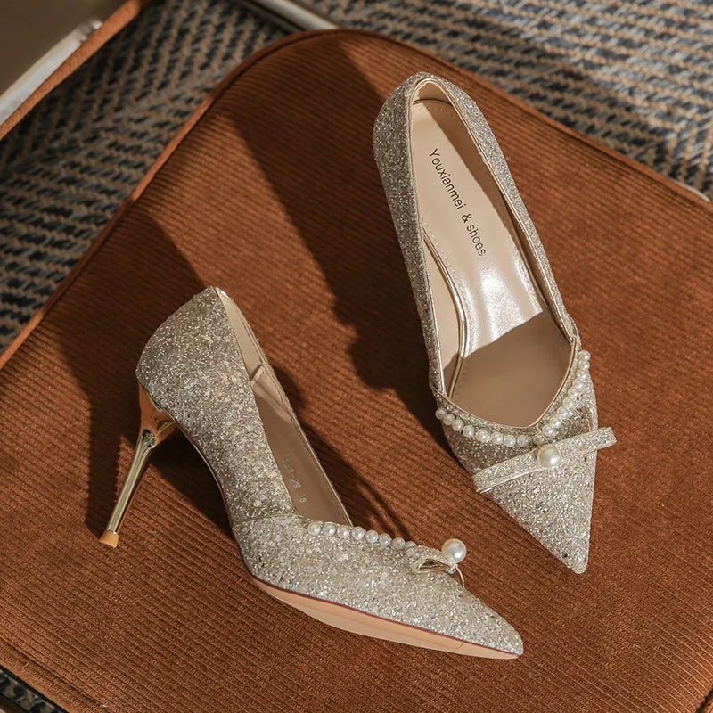Ribbon High Heels with Pearls Bridesmaid Shoes