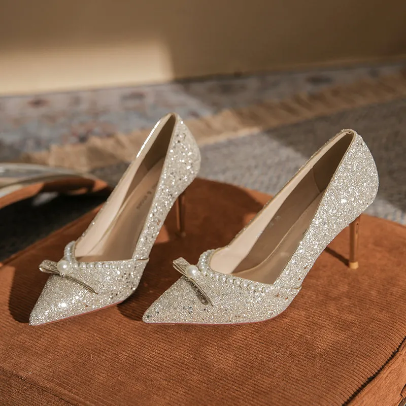 Ribbon High Heels with Pearls Bridesmaid Shoes