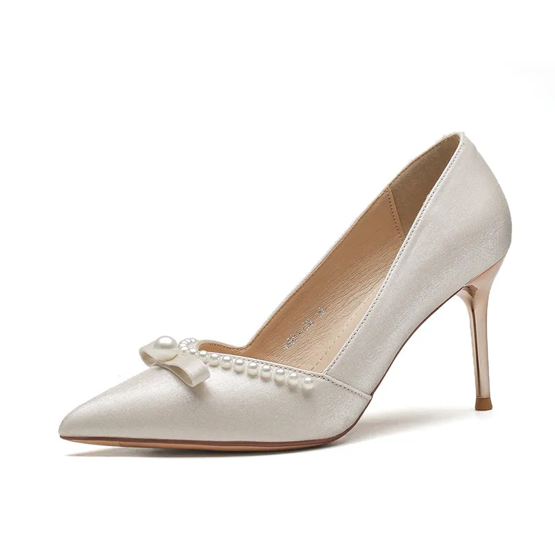 Ribbon High Heels with Pearls Bridesmaid Shoes