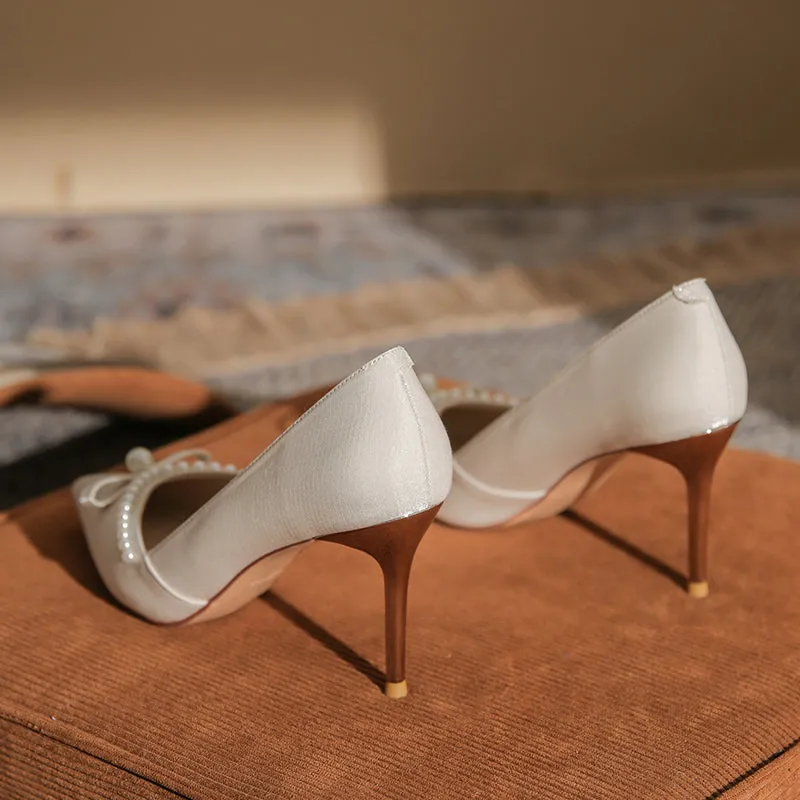 Ribbon High Heels with Pearls Bridesmaid Shoes