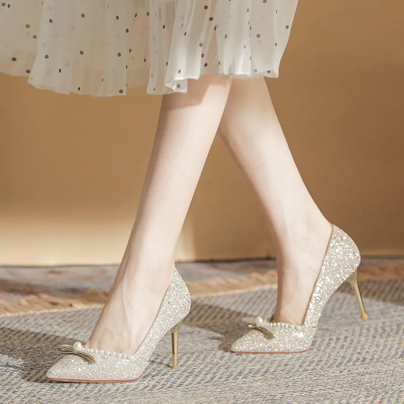 Ribbon High Heels with Pearls Bridesmaid Shoes
