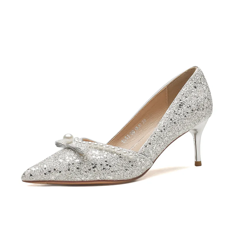 Ribbon High Heels with Pearls Bridesmaid Shoes