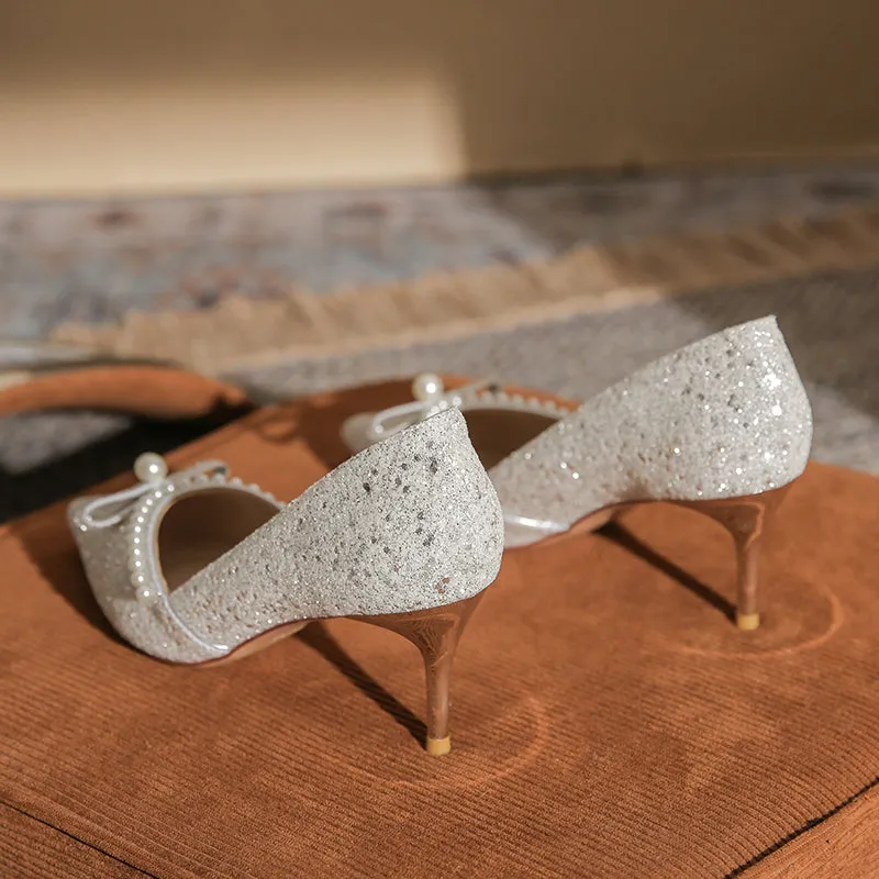 Ribbon High Heels with Pearls Bridesmaid Shoes