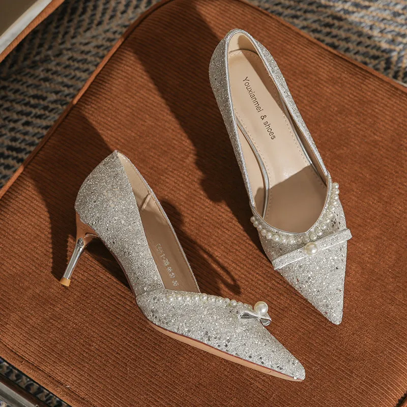 Ribbon High Heels with Pearls Bridesmaid Shoes