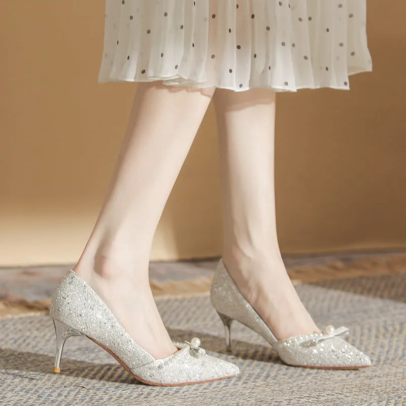 Ribbon High Heels with Pearls Bridesmaid Shoes