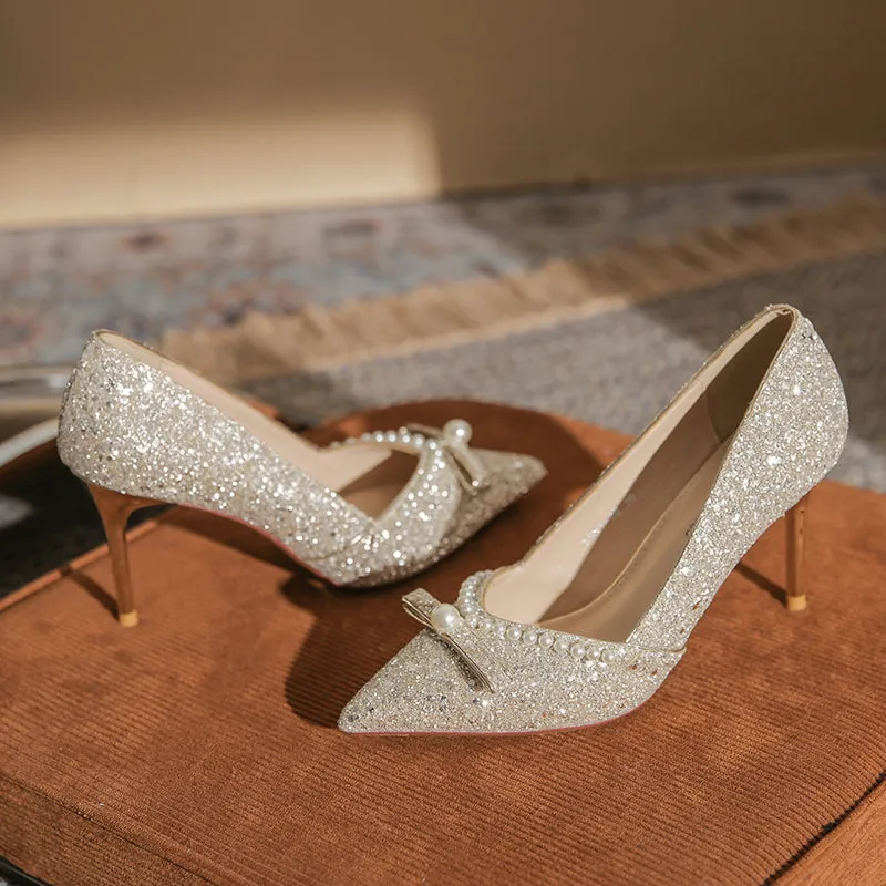 Ribbon High Heels with Pearls Bridesmaid Shoes
