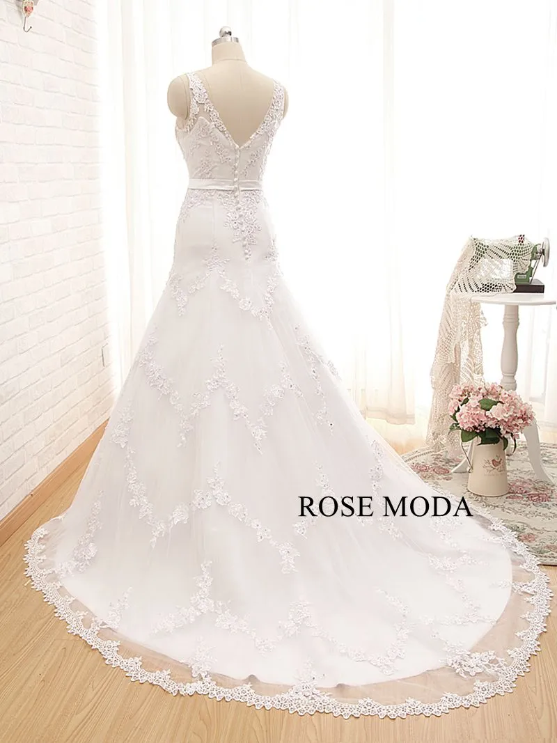 Rosemoda Curved V-neckline Dropped A Line Wedding Dress