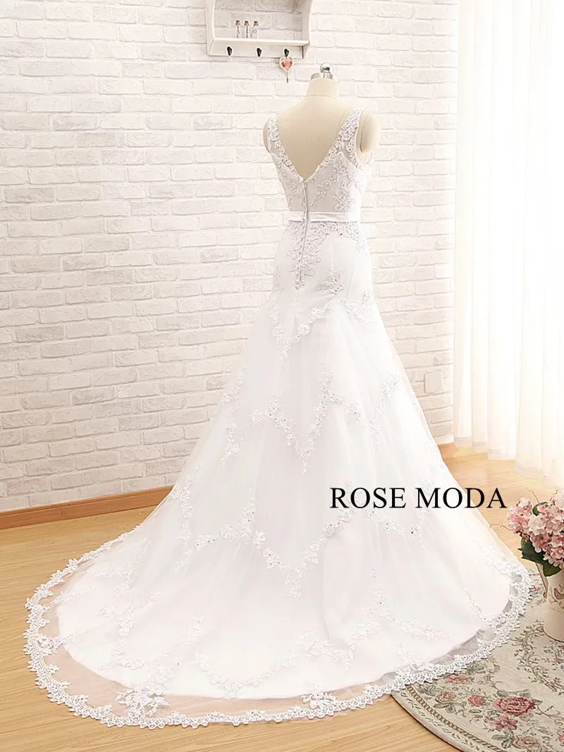 Rosemoda Curved V-neckline Dropped A Line Wedding Dress