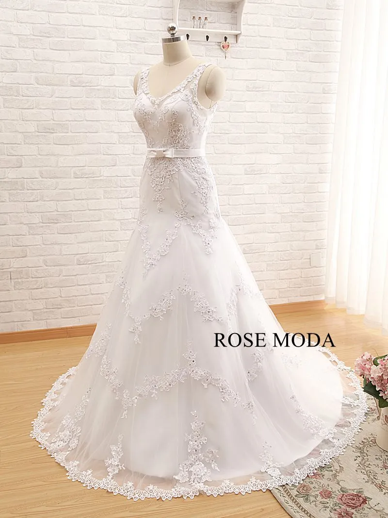 Rosemoda Curved V-neckline Dropped A Line Wedding Dress