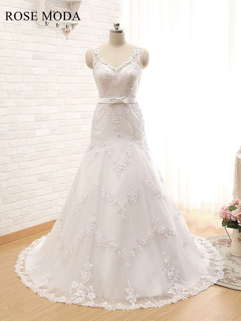 Rosemoda Curved V-neckline Dropped A Line Wedding Dress