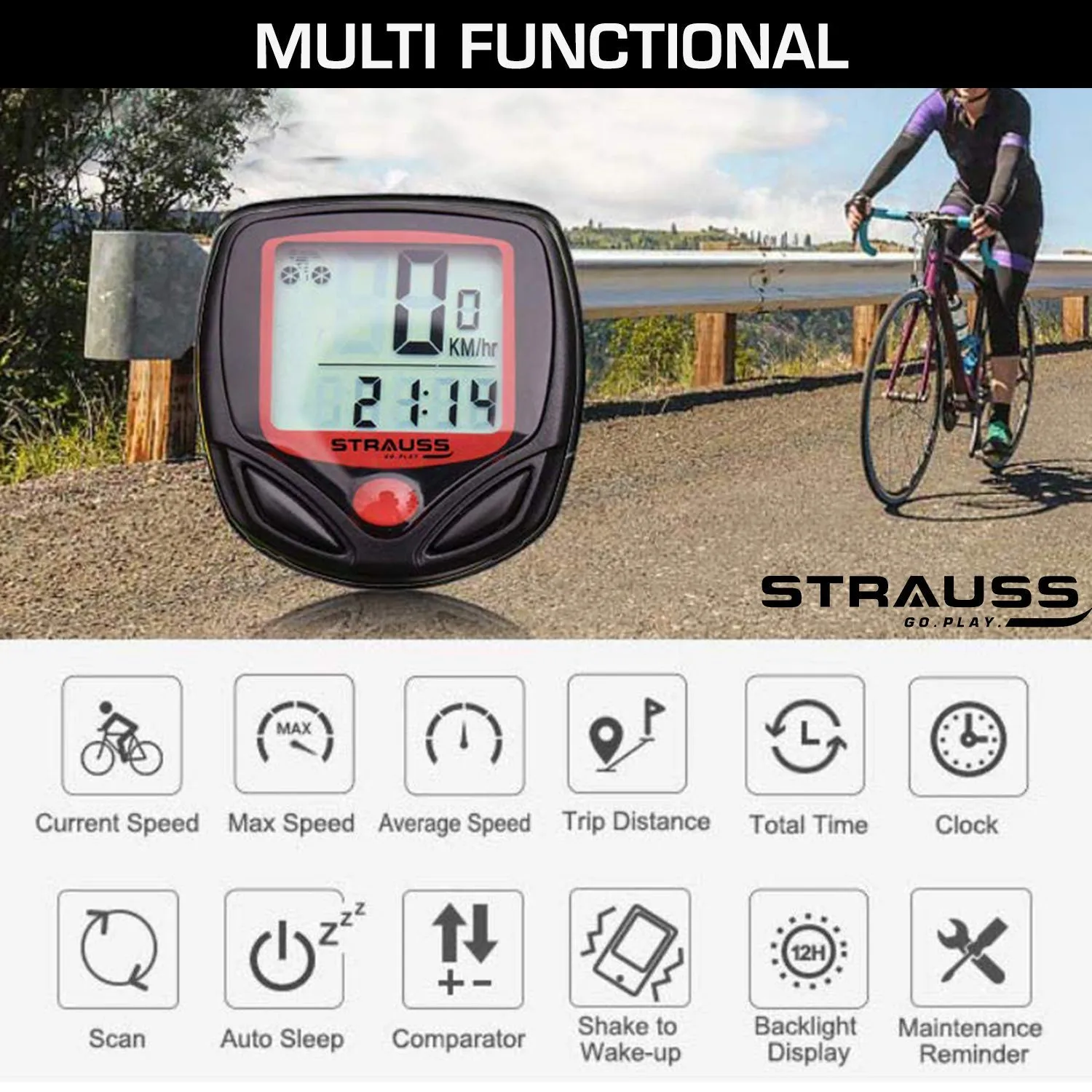 Strauss Bicycle Speedometer, (Black/Red) and Bicycle Zoom LED Torch with Mount Holder