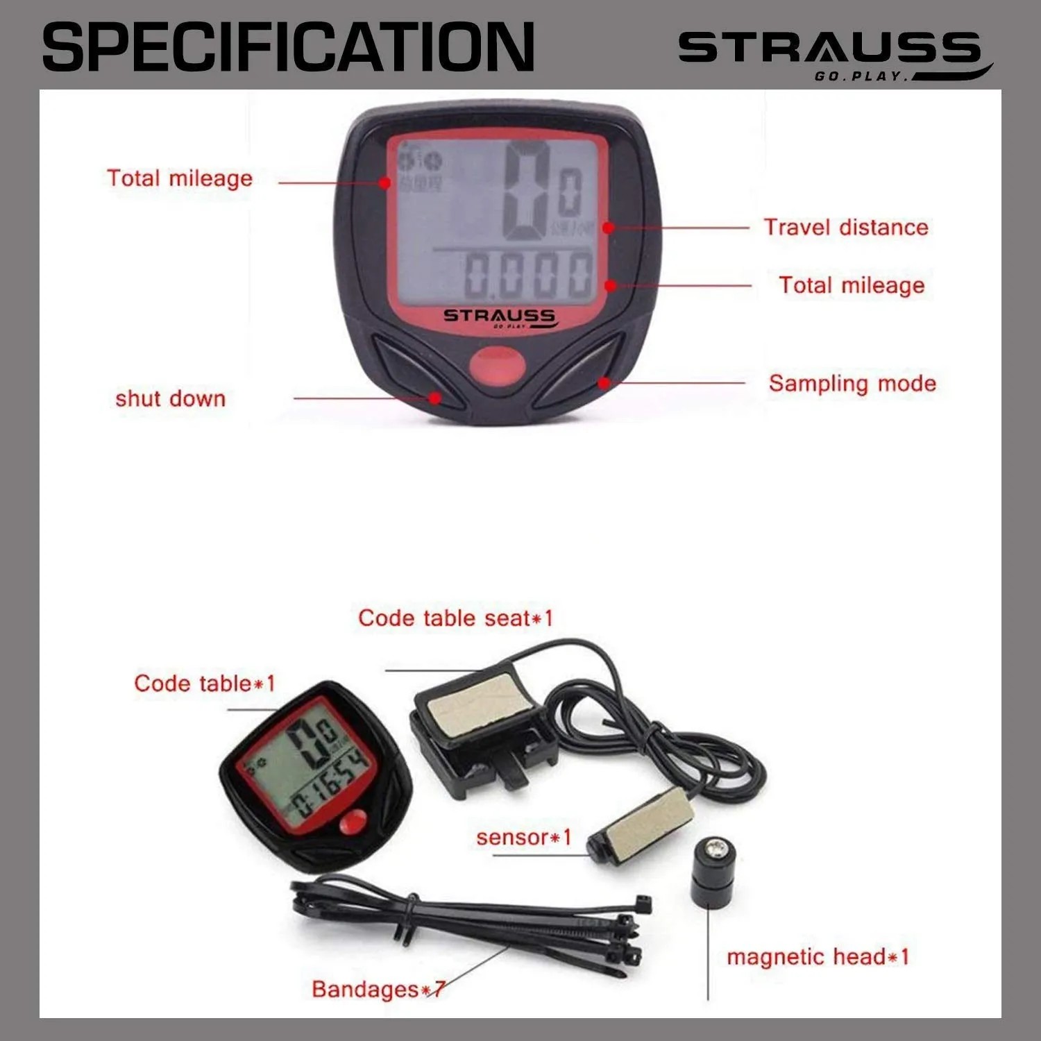Strauss Bicycle Speedometer, (Black/Red) and Bicycle Zoom LED Torch with Mount Holder