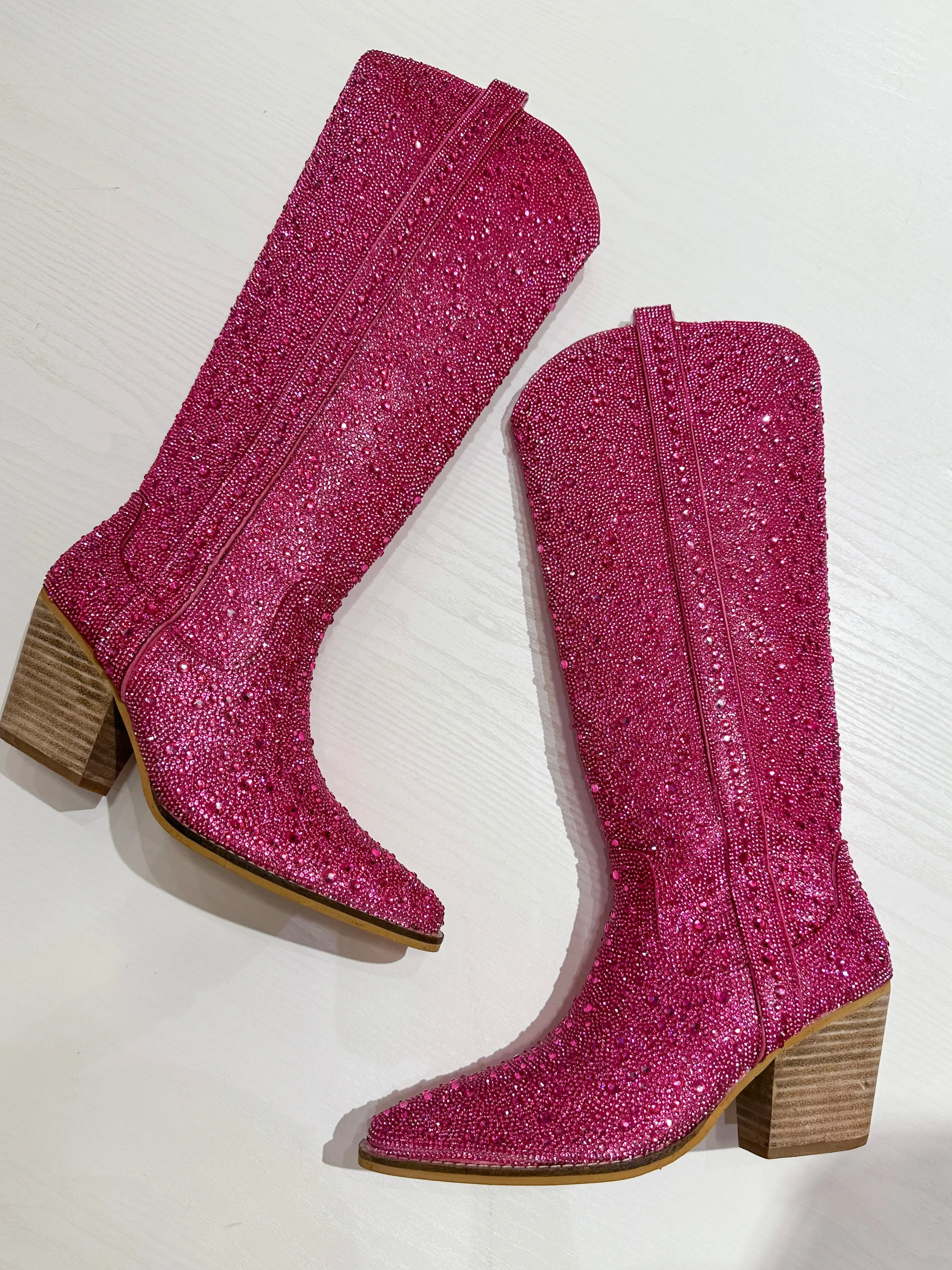 Tall Western Rhinestone Boots - Pink