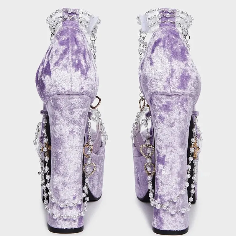 TAVIMART  -  Lolita Pearls Heart Chains Purple Velvet Platform Sandals Chunky High Heel Beads PVC Straps Wedding Shoes Jewerly Ladies Pumps