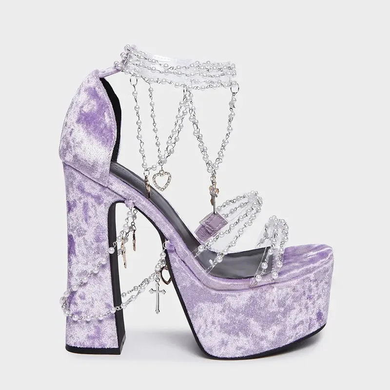 TAVIMART  -  Lolita Pearls Heart Chains Purple Velvet Platform Sandals Chunky High Heel Beads PVC Straps Wedding Shoes Jewerly Ladies Pumps