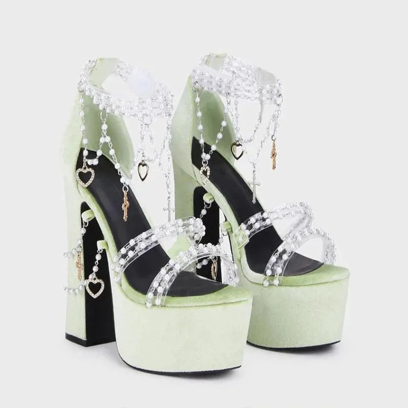 TAVIMART  -  Lolita Pearls Heart Chains Purple Velvet Platform Sandals Chunky High Heel Beads PVC Straps Wedding Shoes Jewerly Ladies Pumps