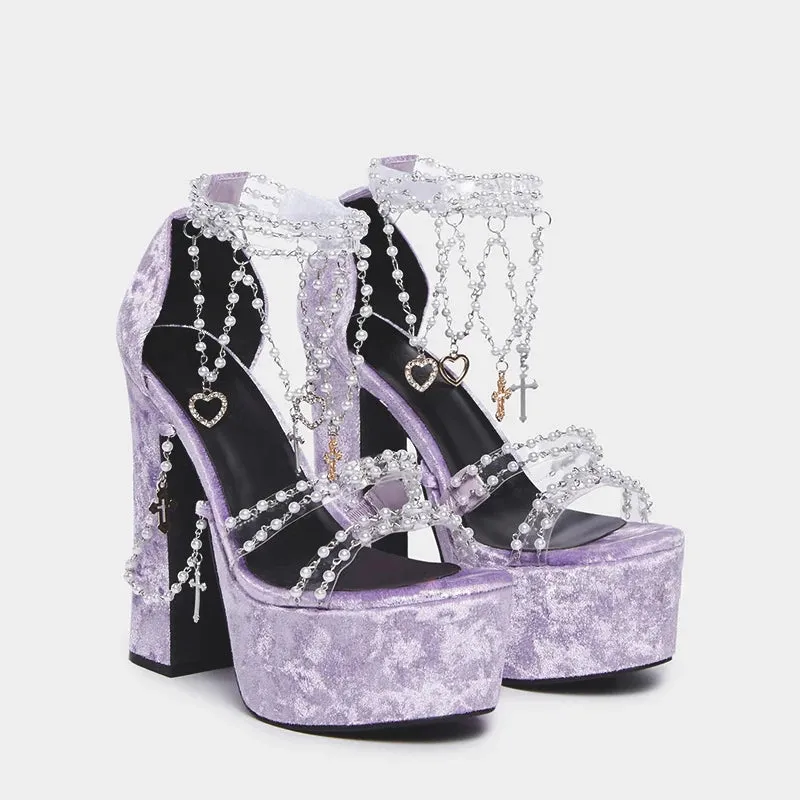 TAVIMART  -  Lolita Pearls Heart Chains Purple Velvet Platform Sandals Chunky High Heel Beads PVC Straps Wedding Shoes Jewerly Ladies Pumps