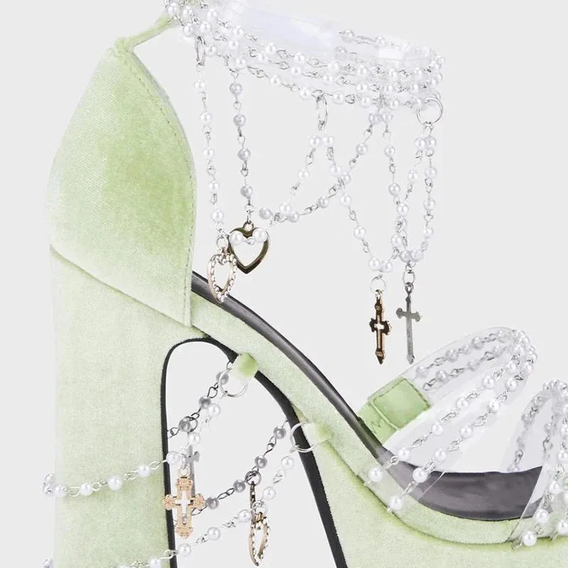 TAVIMART  -  Lolita Pearls Heart Chains Purple Velvet Platform Sandals Chunky High Heel Beads PVC Straps Wedding Shoes Jewerly Ladies Pumps