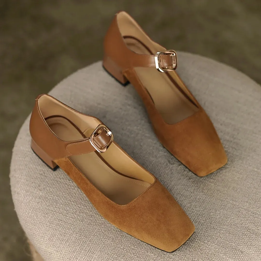 TAVIMART  -  Women's genuine leather patchwork metal buckle slip-on Mary Jane flats high quality soft comfortable retro elegant ladies shoes