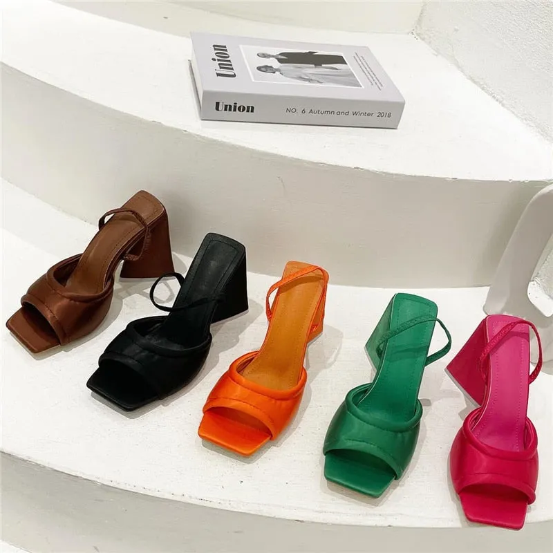 Uniwim 2024 Women Design 11Cm High Heels Slides Mules Summer Silk Thick Block Heels Sandals Slingback Orange Slipper Party Chunky Shoes