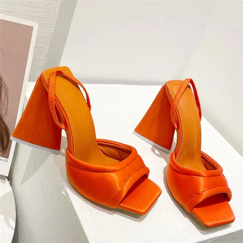 Uniwim 2024 Women Design 11Cm High Heels Slides Mules Summer Silk Thick Block Heels Sandals Slingback Orange Slipper Party Chunky Shoes