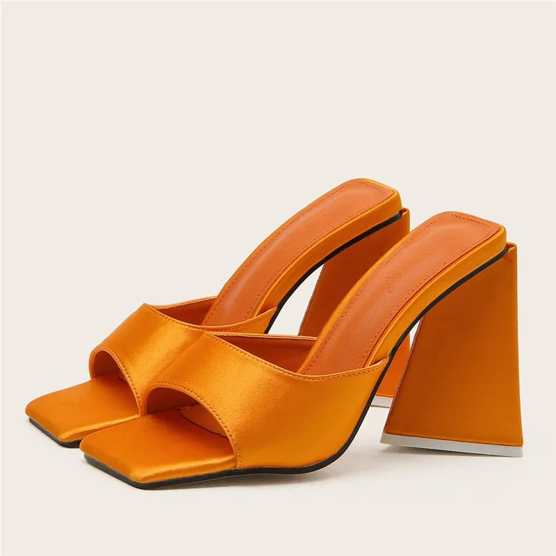 Uniwim 2024 Women Design 11Cm High Heels Slides Mules Summer Silk Thick Block Heels Sandals Slingback Orange Slipper Party Chunky Shoes