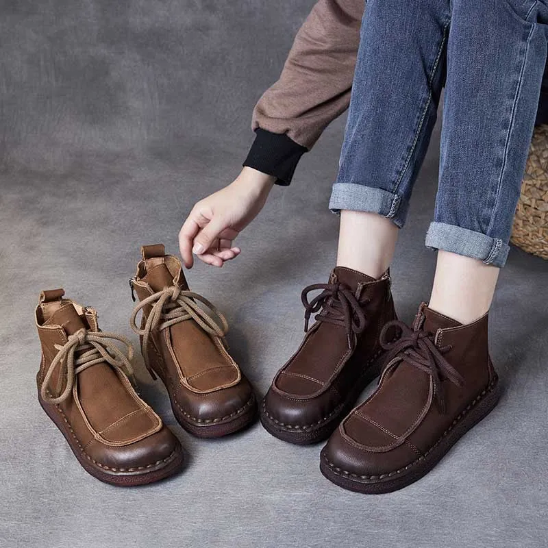 Women Retro Soft Soled Lace Up Ankle Boots