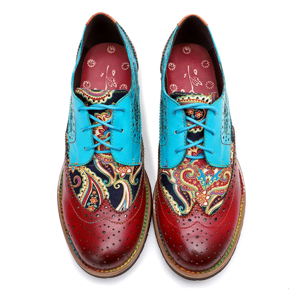 Women's Leather Oxford Shoes Perforated Lace up Wingtip Colorful Leather Oxfords