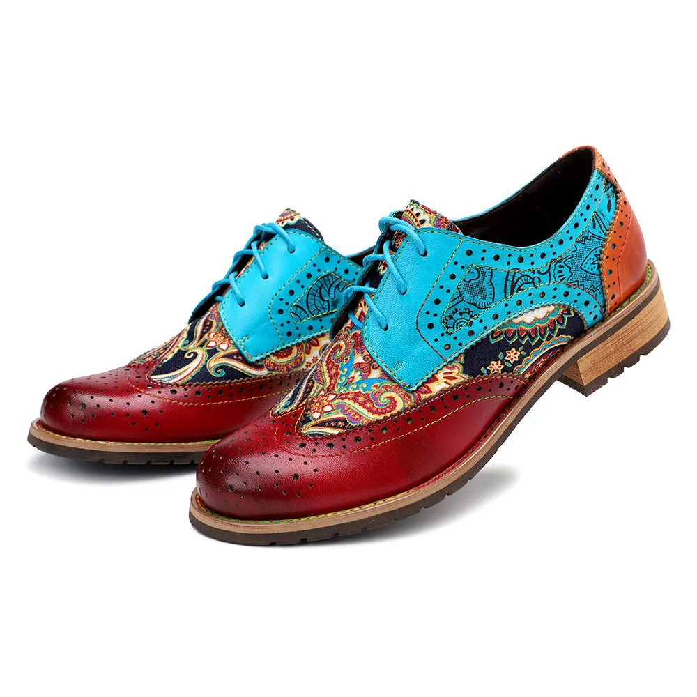 Women's Leather Oxford Shoes Perforated Lace up Wingtip Colorful Leather Oxfords