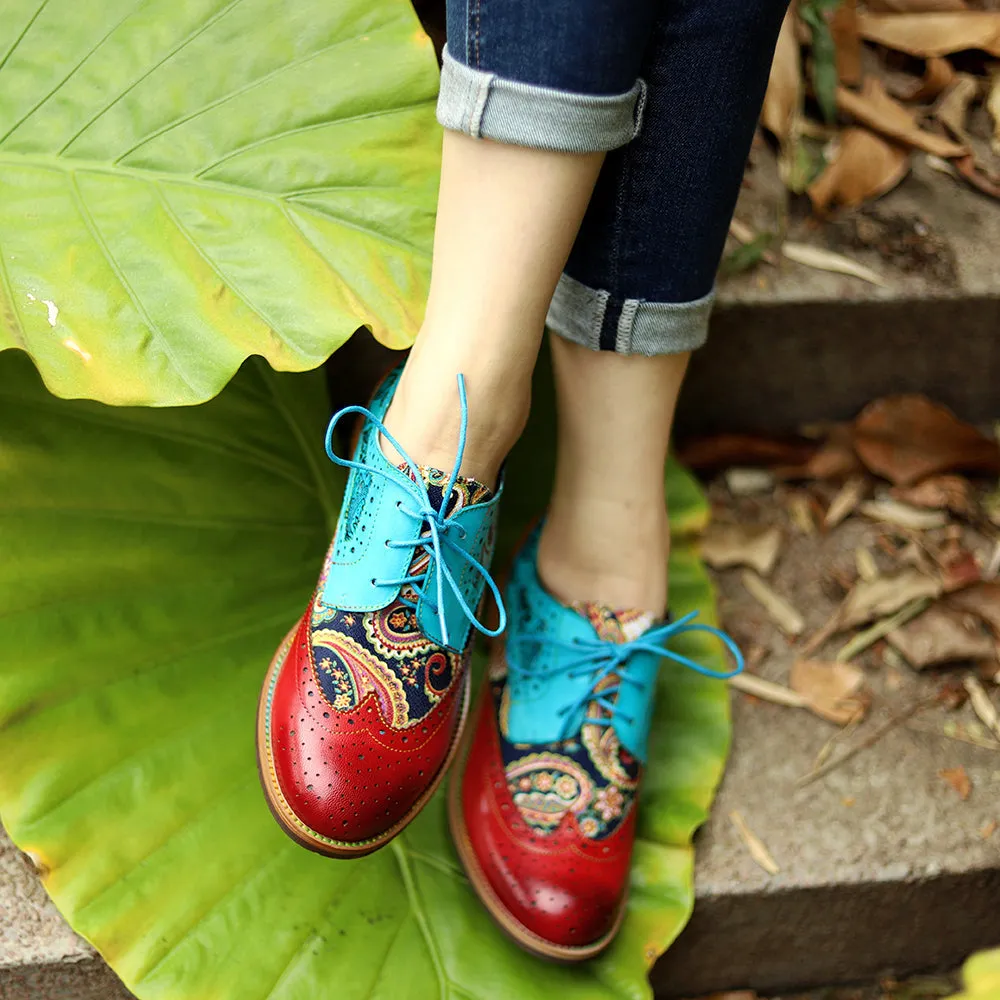 Women's Leather Oxford Shoes Perforated Lace up Wingtip Colorful Leather Oxfords