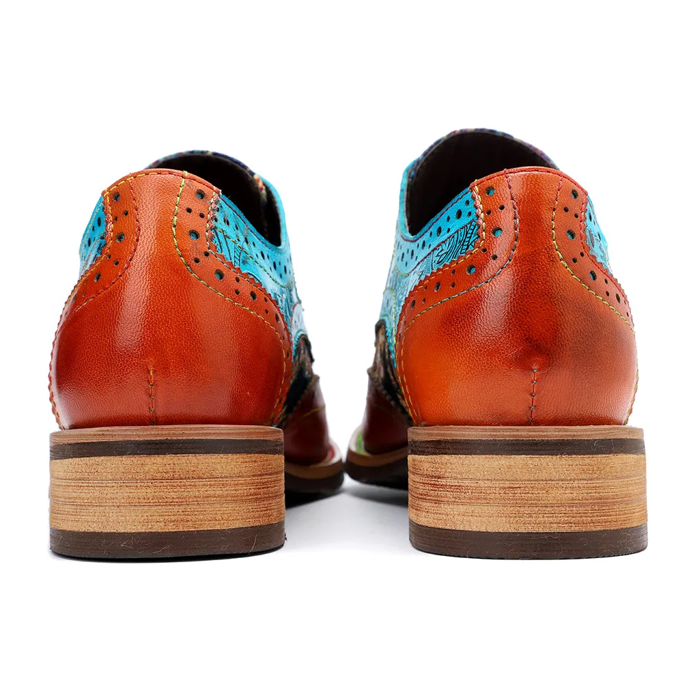 Women's Leather Oxford Shoes Perforated Lace up Wingtip Colorful Leather Oxfords