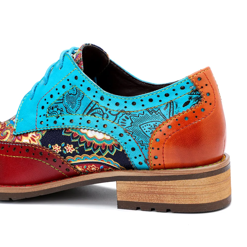 Women's Leather Oxford Shoes Perforated Lace up Wingtip Colorful Leather Oxfords
