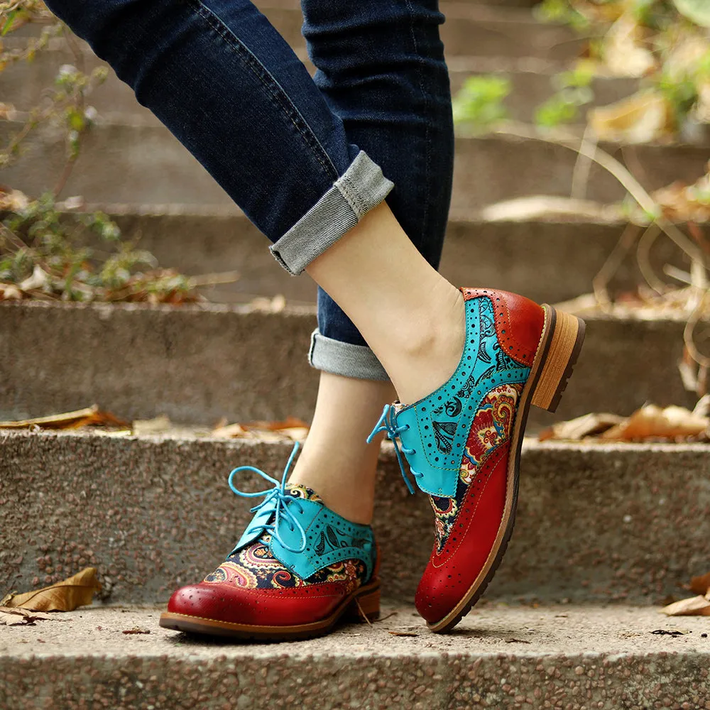 Women's Leather Oxford Shoes Perforated Lace up Wingtip Colorful Leather Oxfords