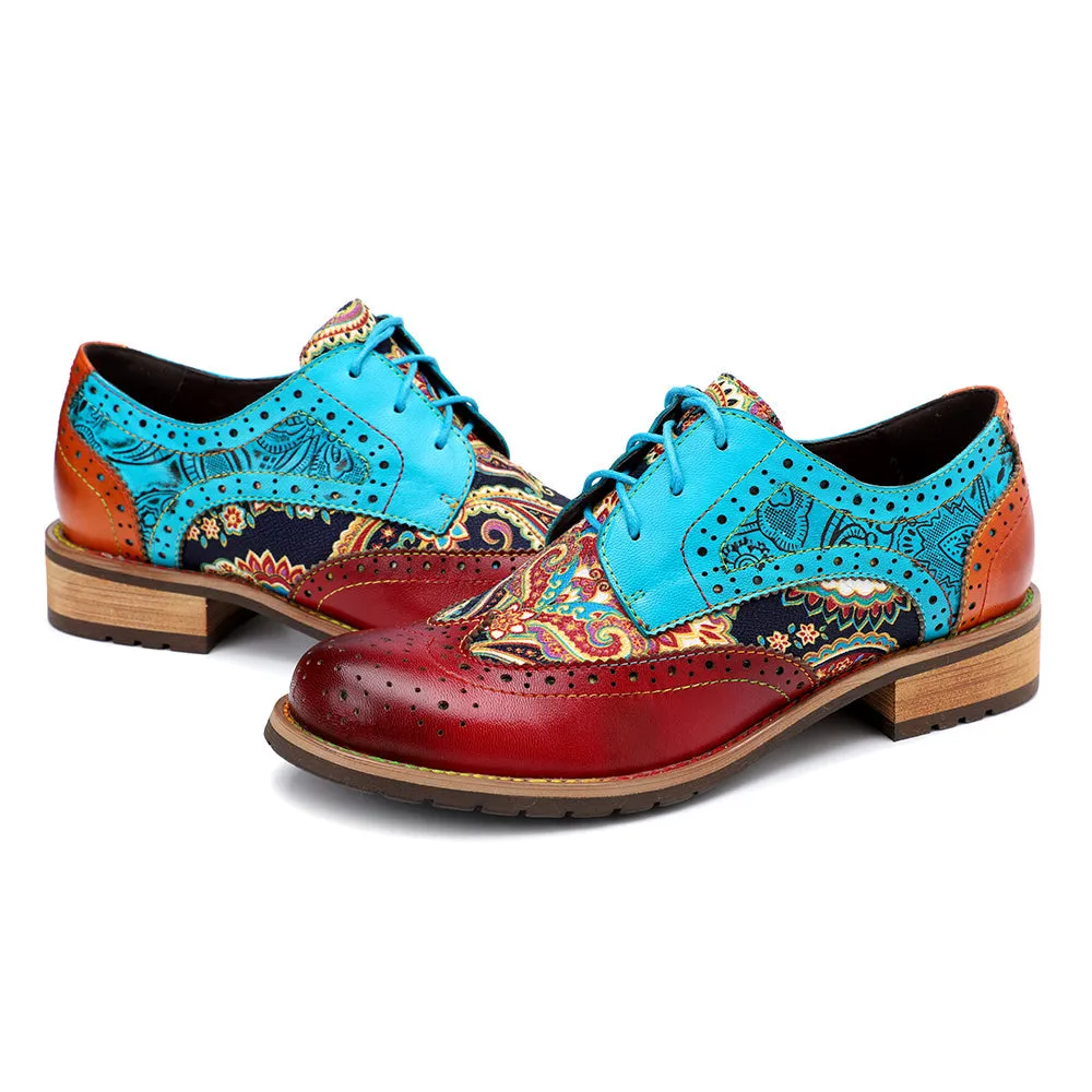 Women's Leather Oxford Shoes Perforated Lace up Wingtip Colorful Leather Oxfords