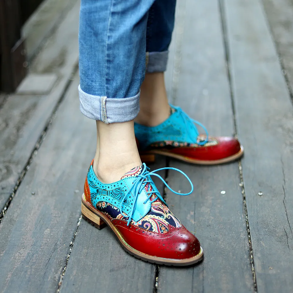 Women's Leather Oxford Shoes Perforated Lace up Wingtip Colorful Leather Oxfords