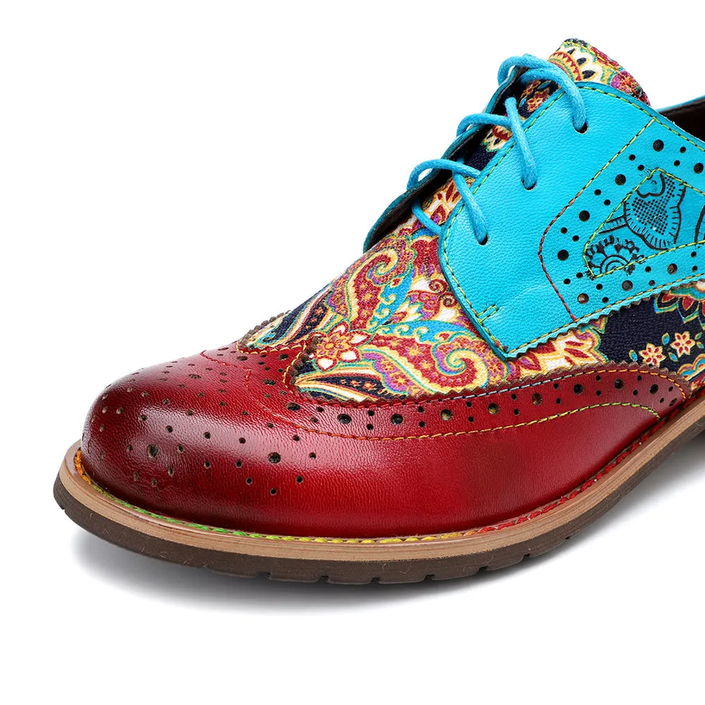 Women's Leather Oxford Shoes Perforated Lace up Wingtip Colorful Leather Oxfords