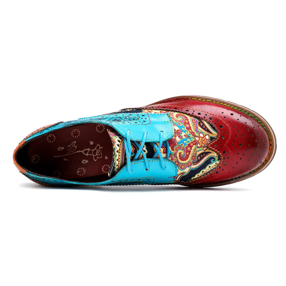 Women's Leather Oxford Shoes Perforated Lace up Wingtip Colorful Leather Oxfords