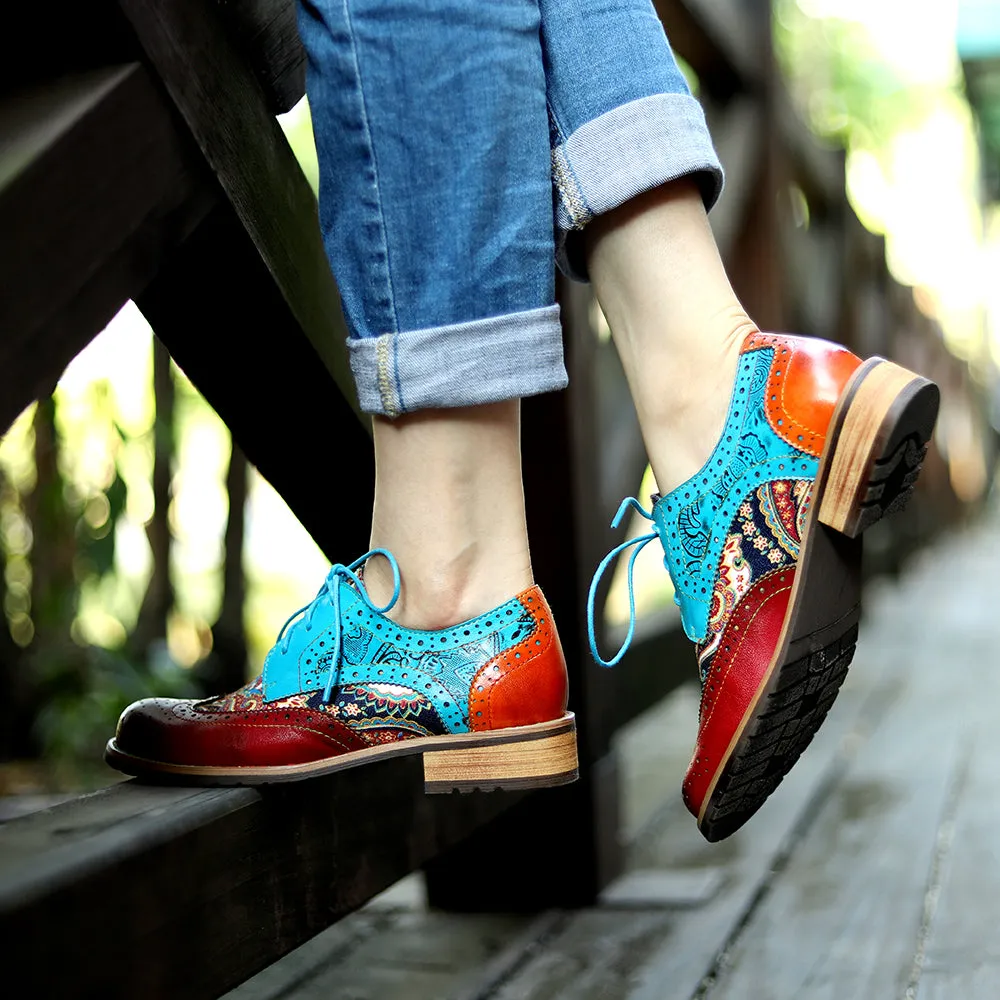 Women's Leather Oxford Shoes Perforated Lace up Wingtip Colorful Leather Oxfords