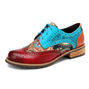 Women's Leather Oxford Shoes Perforated Lace up Wingtip Colorful Leather Oxfords