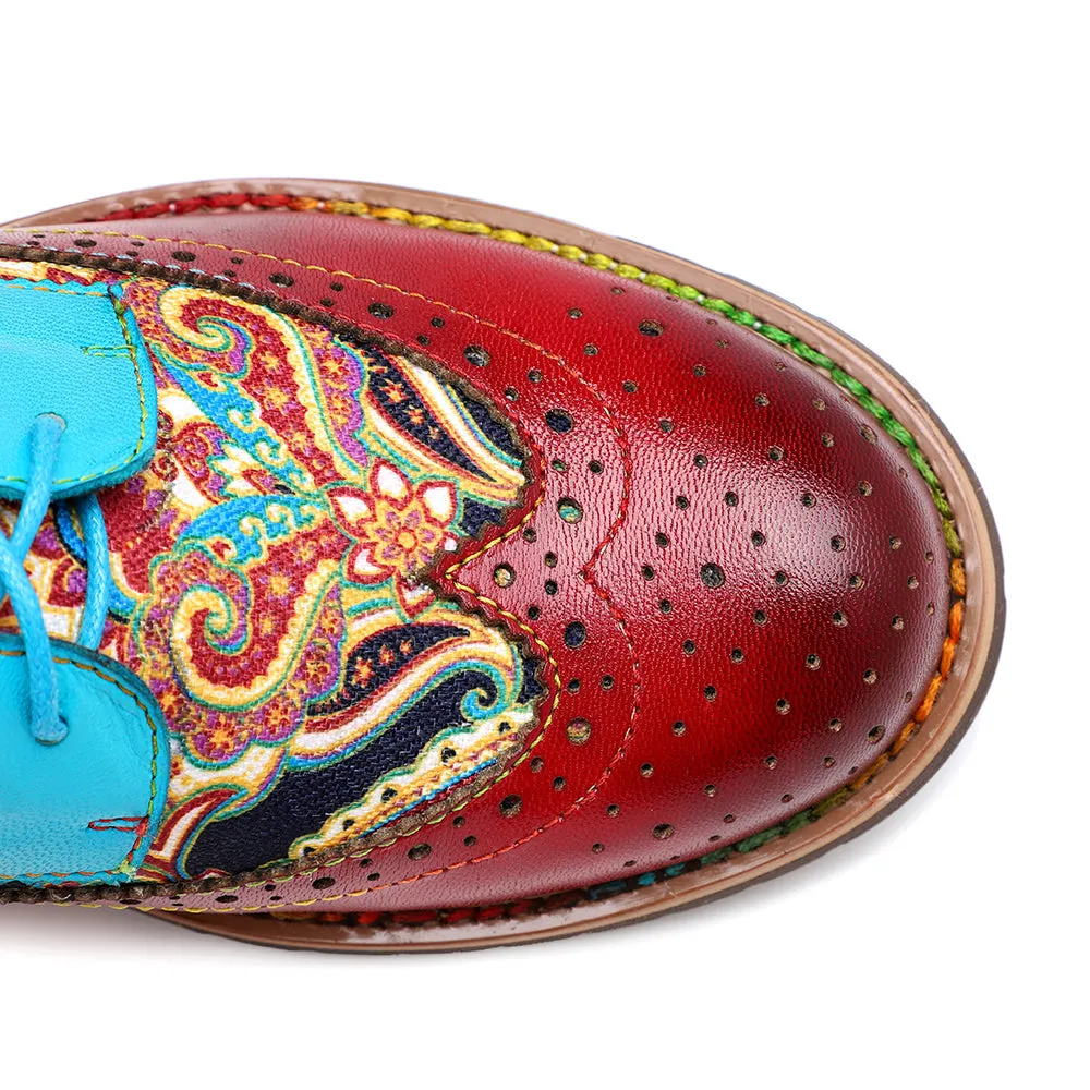 Women's Leather Oxford Shoes Perforated Lace up Wingtip Colorful Leather Oxfords