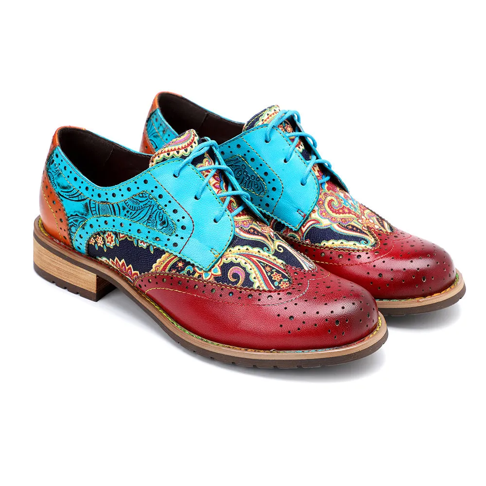 Women's Leather Oxford Shoes Perforated Lace up Wingtip Colorful Leather Oxfords