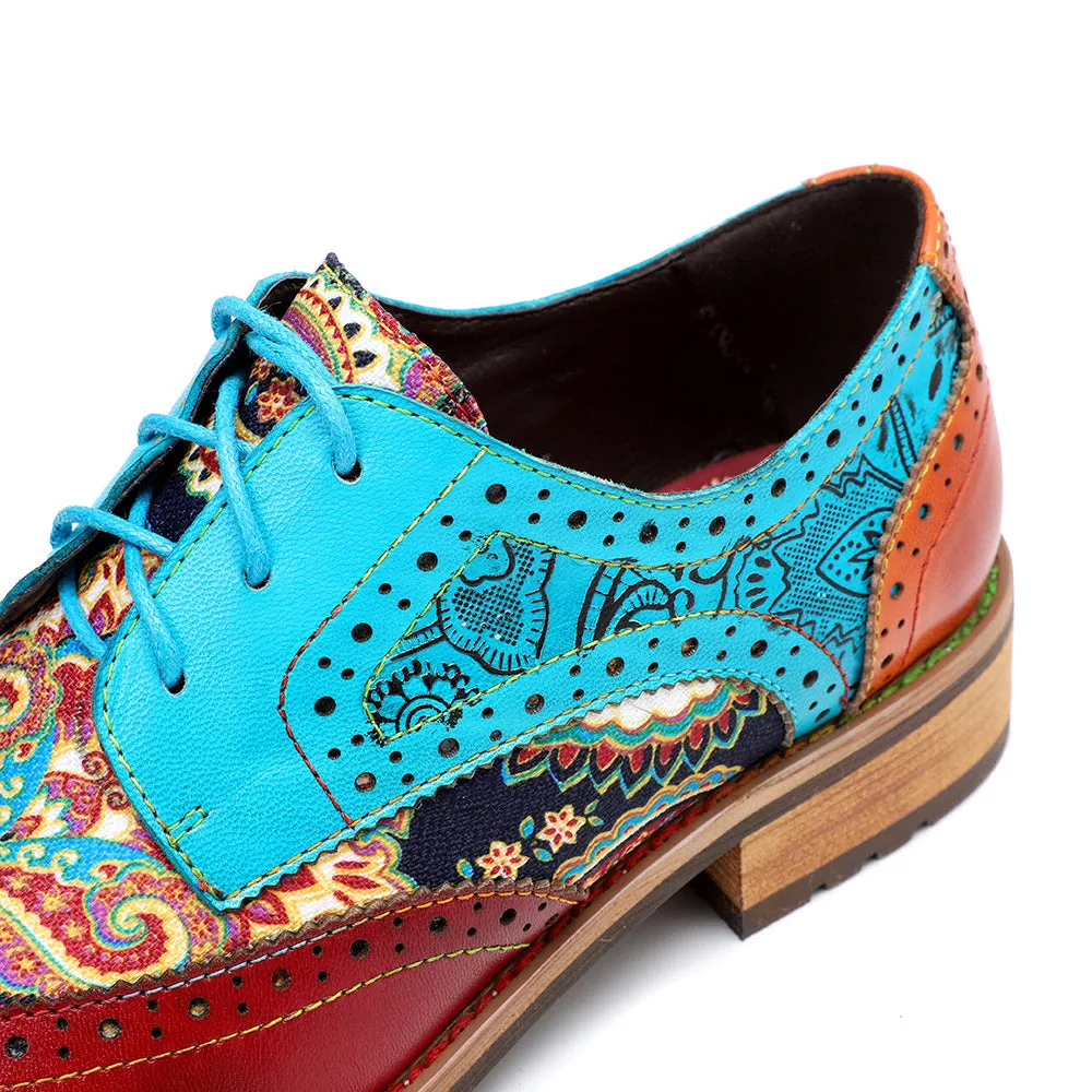 Women's Leather Oxford Shoes Perforated Lace up Wingtip Colorful Leather Oxfords