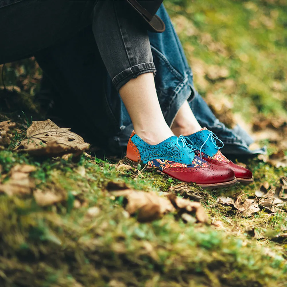 Women's Leather Oxford Shoes Perforated Lace up Wingtip Colorful Leather Oxfords