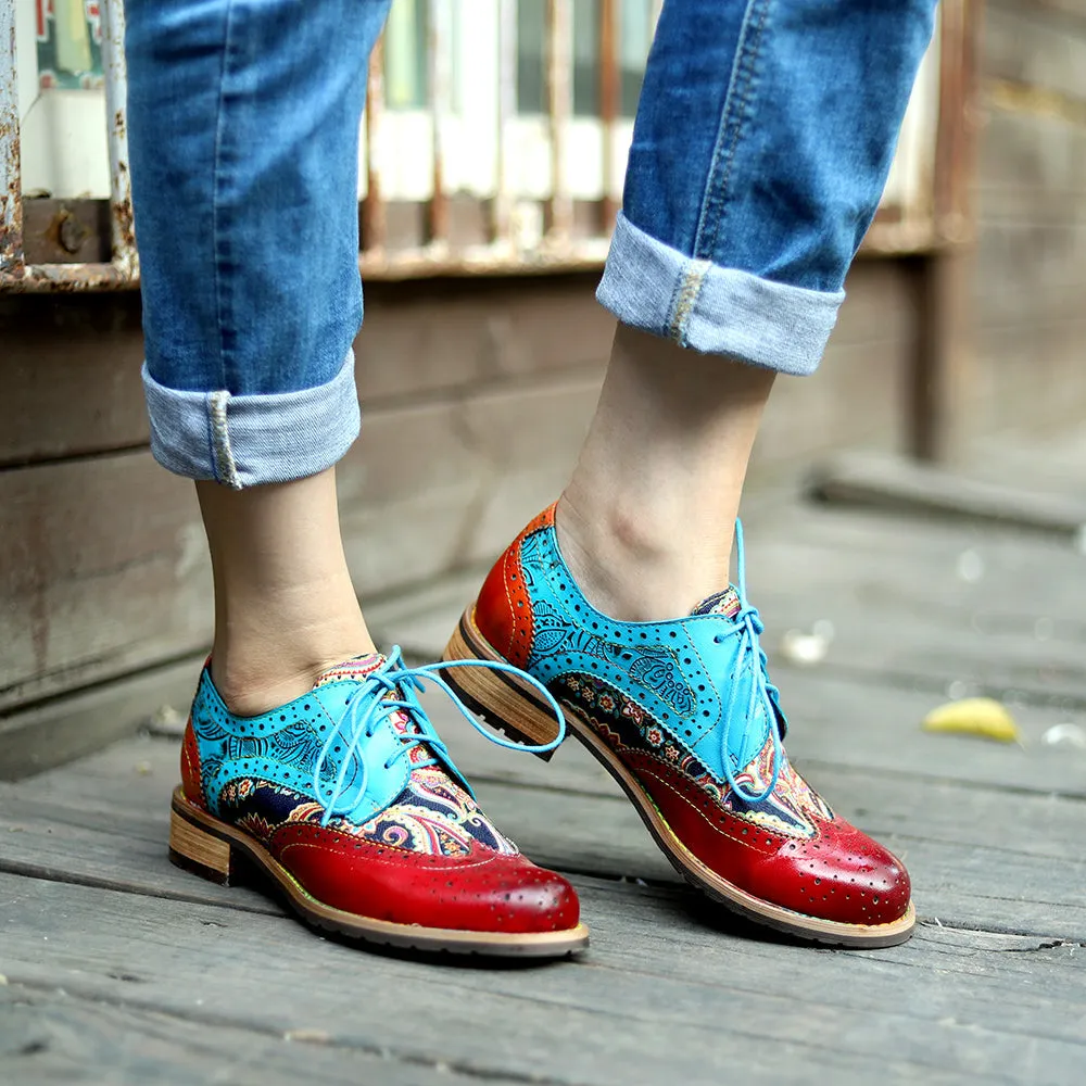 Women's Leather Oxford Shoes Perforated Lace up Wingtip Colorful Leather Oxfords